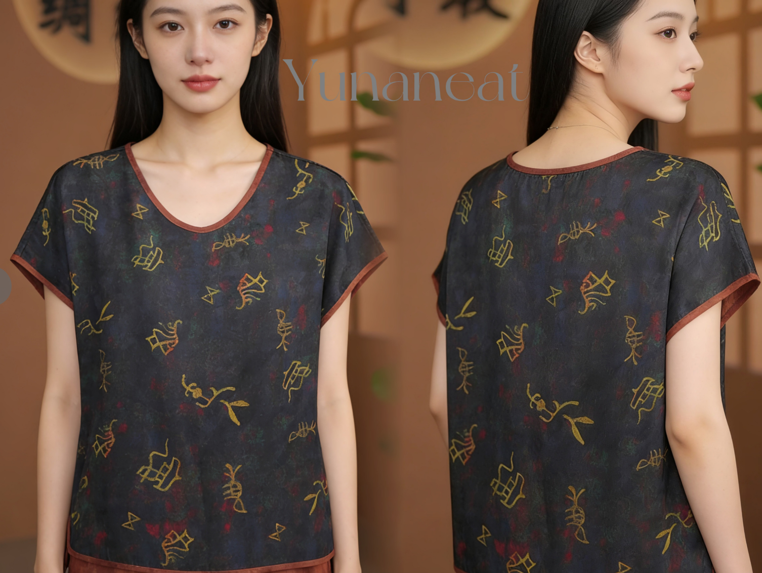 【YUNANEAT】Women's U-neck top with printed patterns, elegant and versatile.