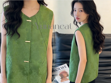 【YUNANEAT】Ladylike green printed blouse with vintage vest and buttoned waistcoat