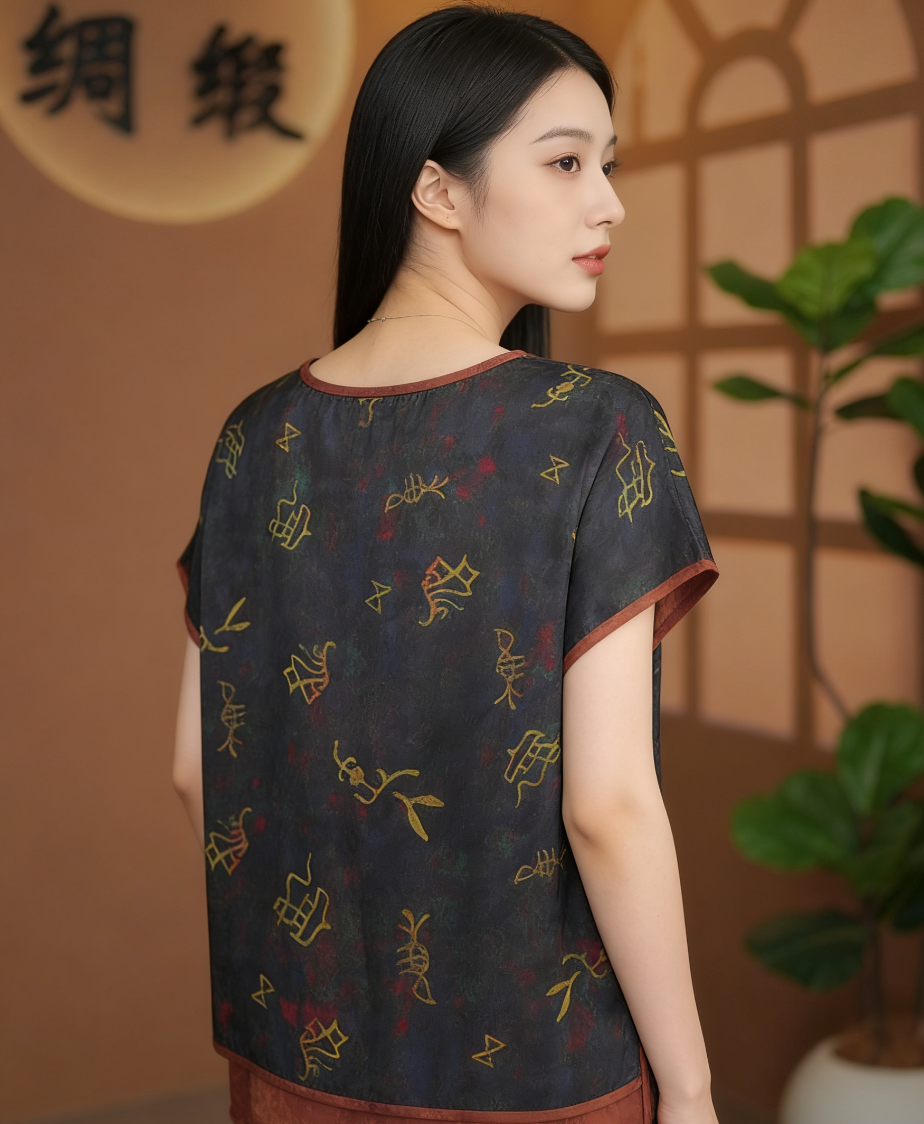【YUNANEAT】Women's U-neck top with printed patterns, elegant and versatile.
