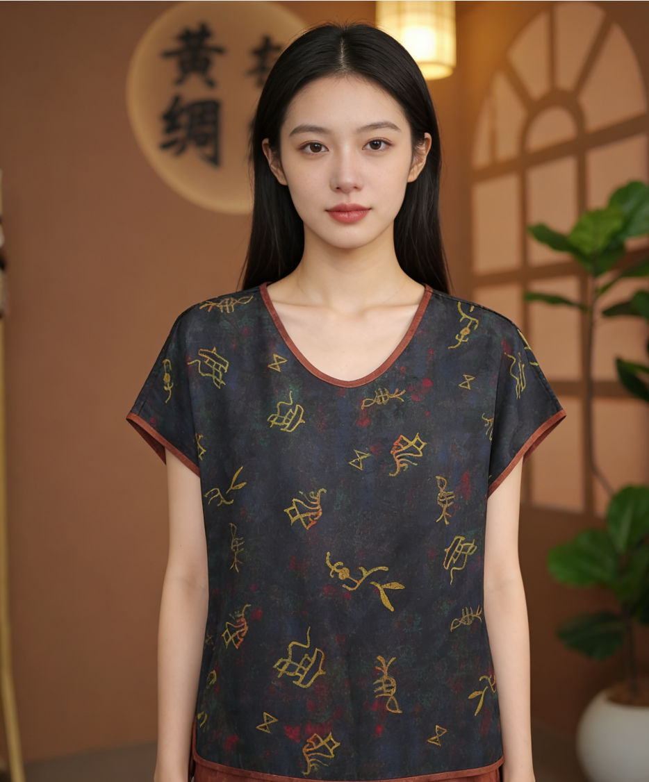 【YUNANEAT】Women's U-neck top with printed patterns, elegant and versatile.