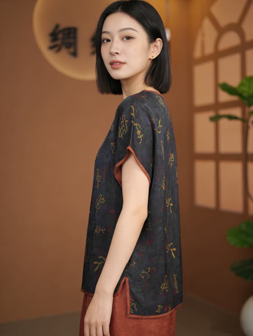 【YUNANEAT】Women's U-neck top with printed patterns, elegant and versatile.