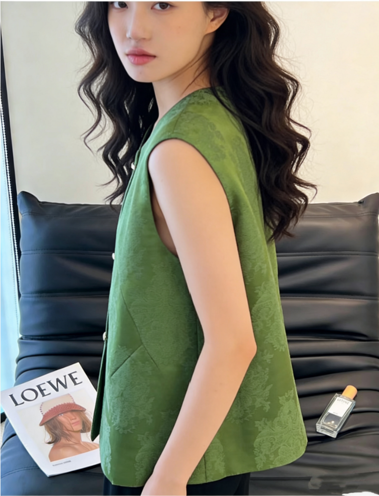 【YUNANEAT】Ladylike green printed blouse with vintage vest and buttoned waistcoat