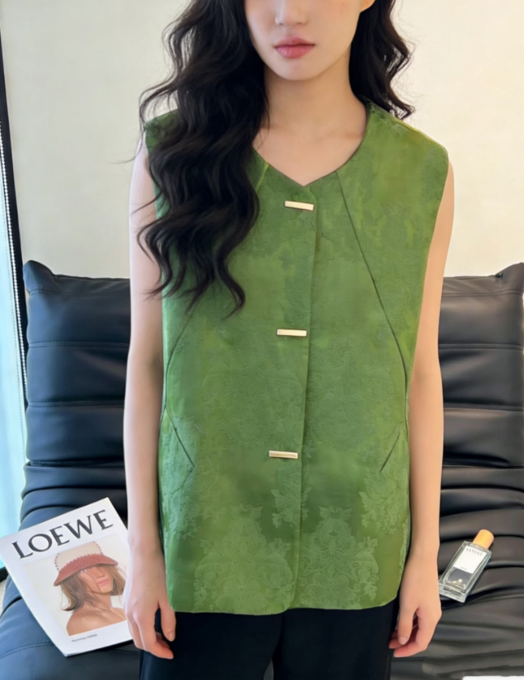 【YUNANEAT】Ladylike green printed blouse with vintage vest and buttoned waistcoat