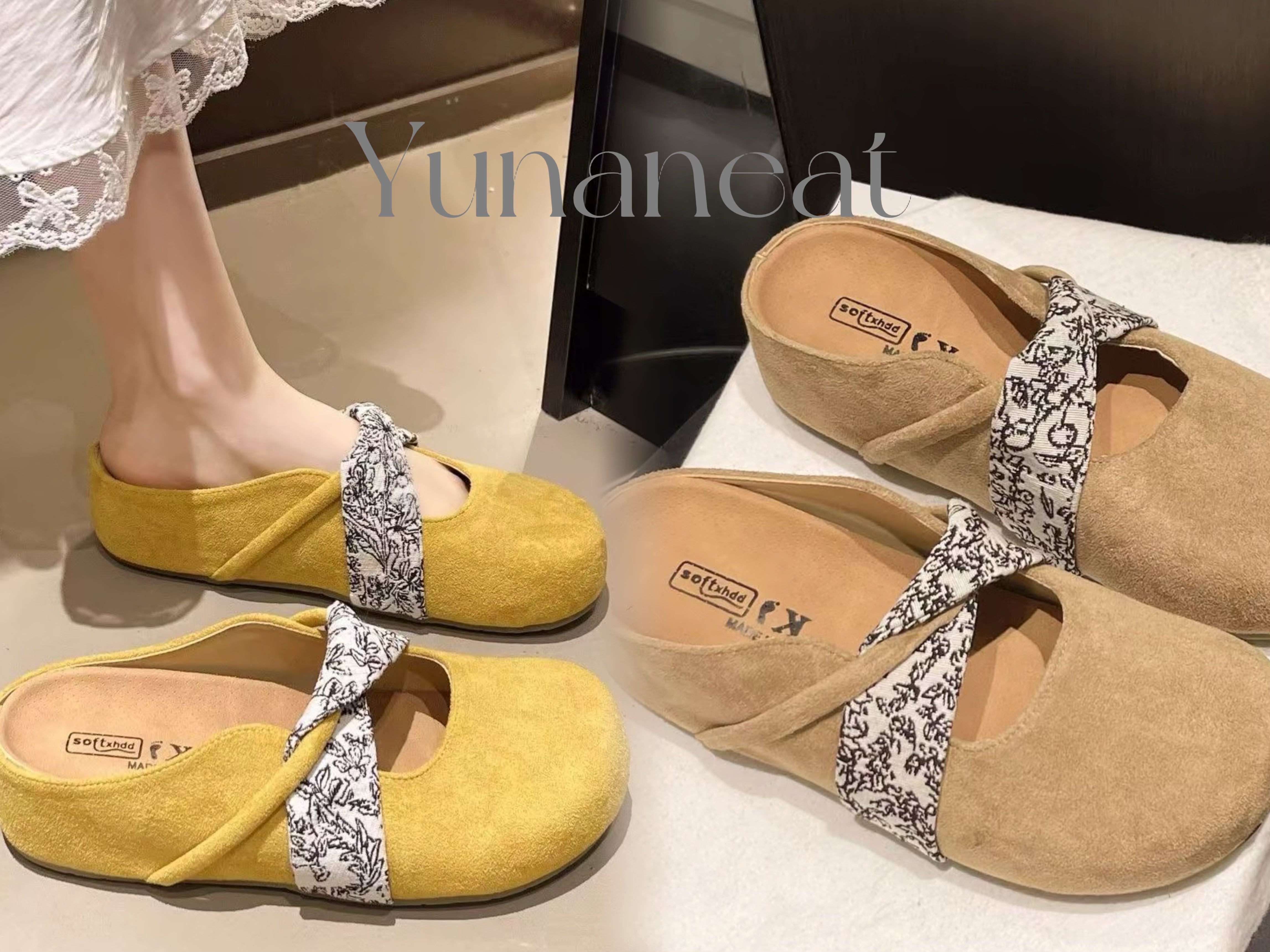 【YUNANEAT】5CM height-increasing Birkenstock-style clogs for women, best-selling French suede Mary Jane half-slippers with a soft sole, in a European style.